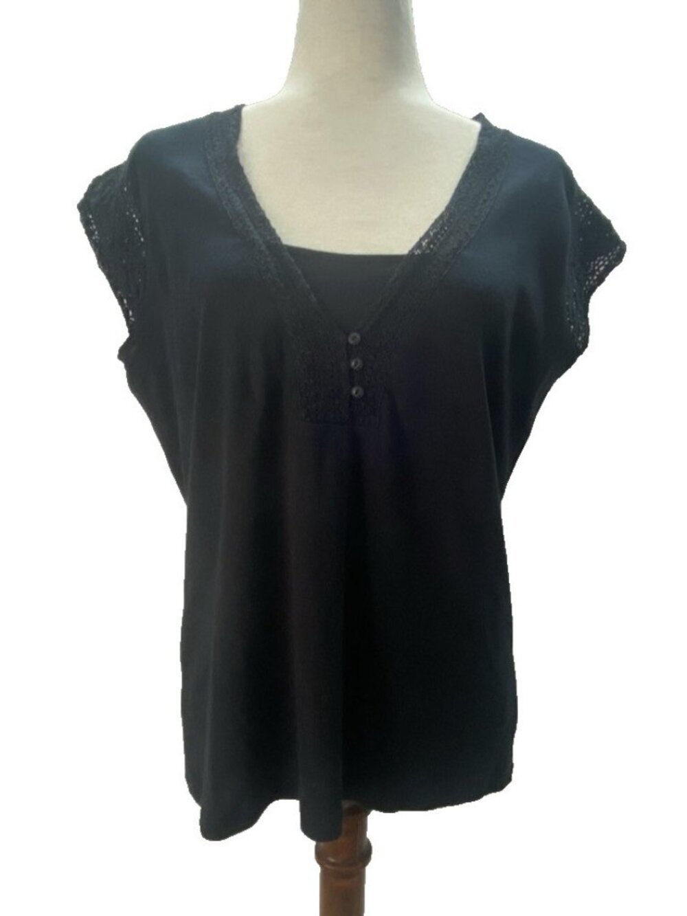 Lauren Ralph Lauren Black Crochet Sleeve Top Women's Size XL Career Minimalist
